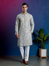 Light blue floral printed linen blend festive kurta set for men