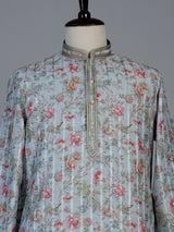 Light blue floral printed linen blend festive kurta set for men