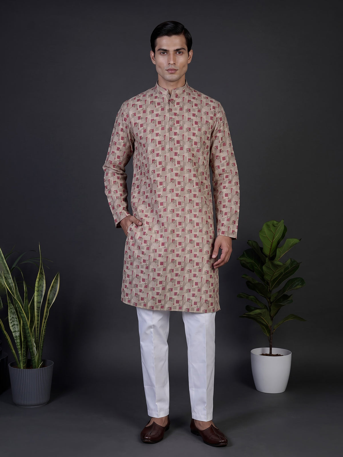 Beige printed cotton silk elegant festive kurta suit for men