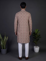 Beige printed cotton silk elegant festive kurta suit for men