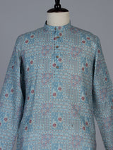 Light blue printed cotton silk festive mandarin kurta suit for men