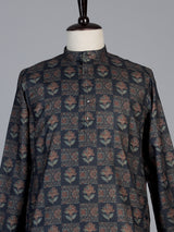 Navy blue floral printed cotton silk festive kurta suit for men