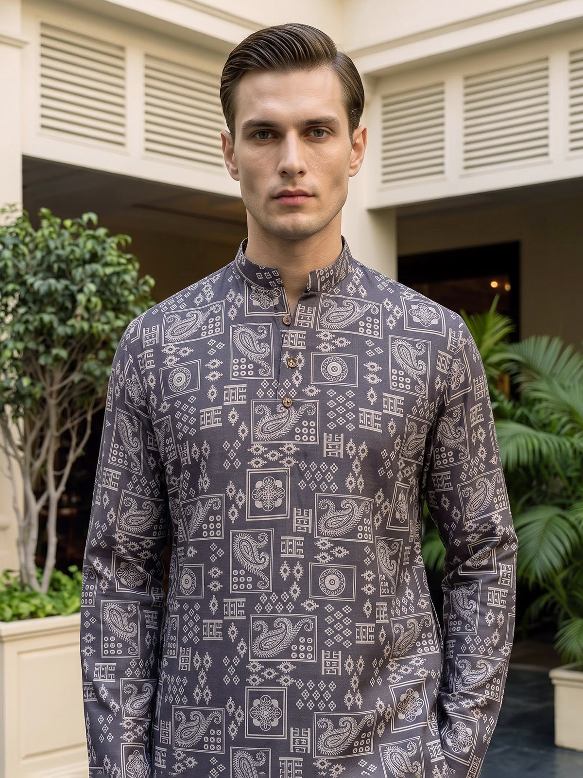 Dark grey printed cotton silk festive kurta suit for men with mandarin collar