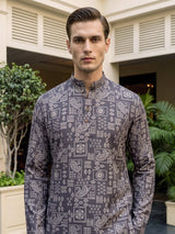 Dark grey printed cotton silk festive kurta suit for men with mandarin collar