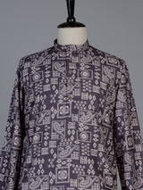Dark grey printed cotton silk festive kurta suit for men with mandarin collar
