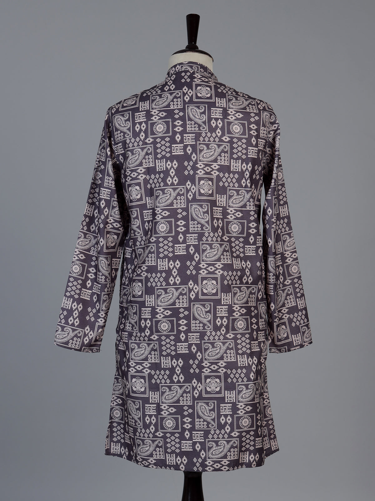 Dark grey printed cotton silk festive kurta suit for men with mandarin collar