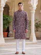 Brown printed cotton silk festive kurta suit for men with mandarin collar