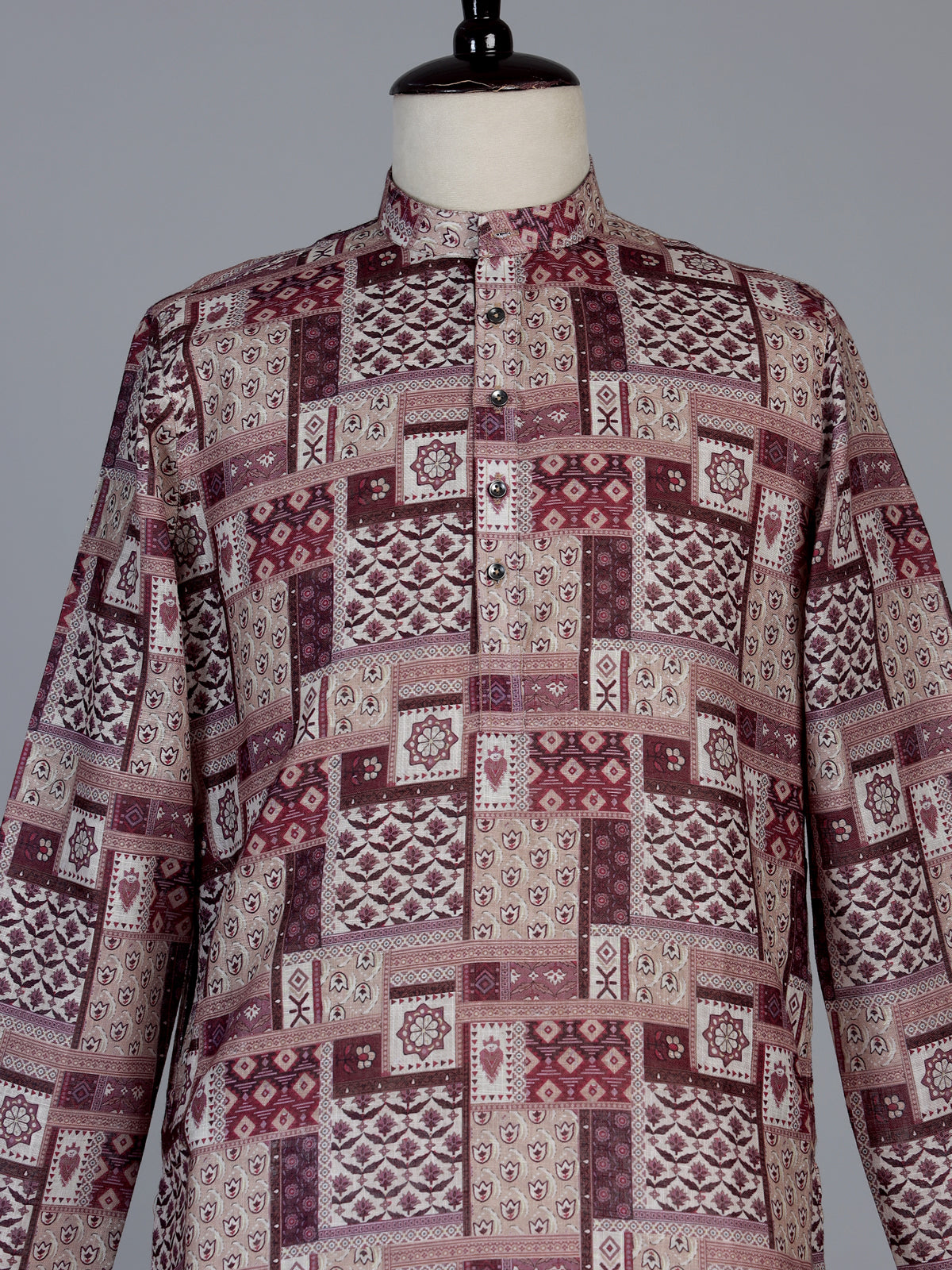 Wine printed cotton blend festive kurta suit for men with elegant pants