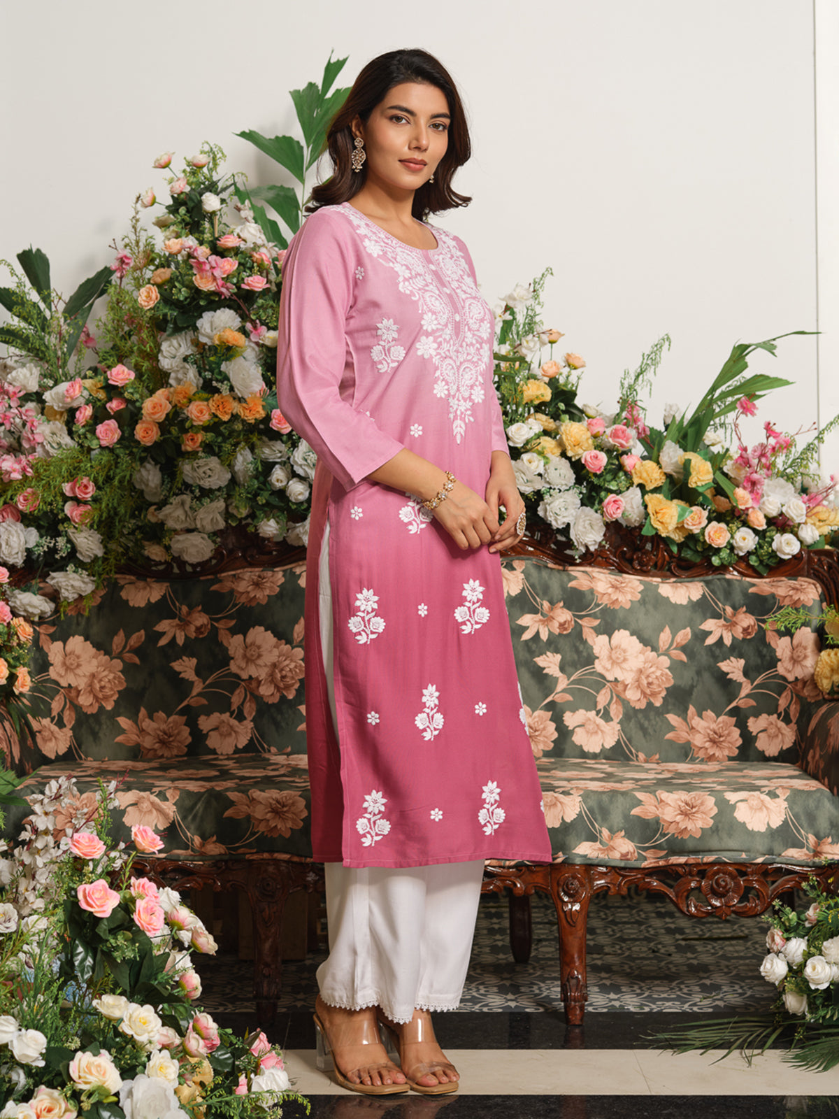 Rose pink classic chikankari straight cut kurti