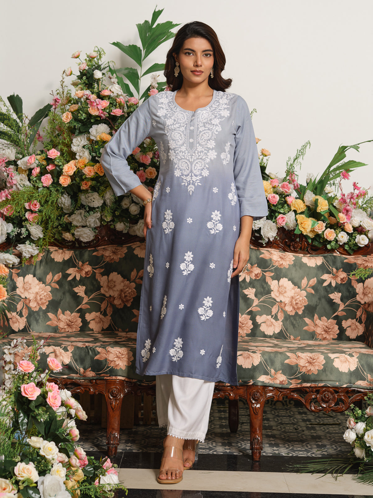 Slate grey premium ombre embroidered kurti