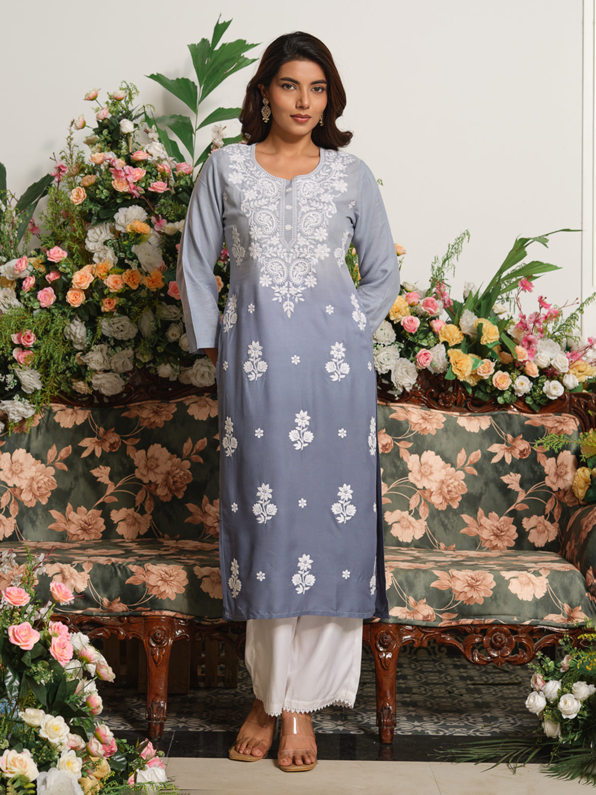 Slate grey premium ombre embroidered kurti
