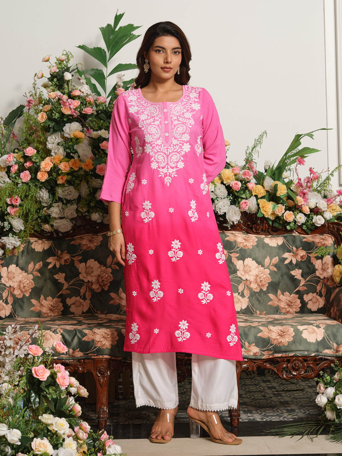 Hot pink designer ombre chikankari straight kurti