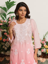 Pink ombre chikankari embroidered cotton silk kurti