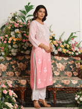 Pink ombre chikankari embroidered cotton silk kurti