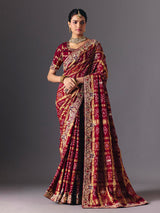 Maroon pure gharchola silk Bandhani saree with bridal zari elegance