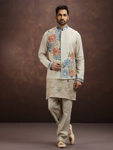 Cream artistic printed linen waistcoat set