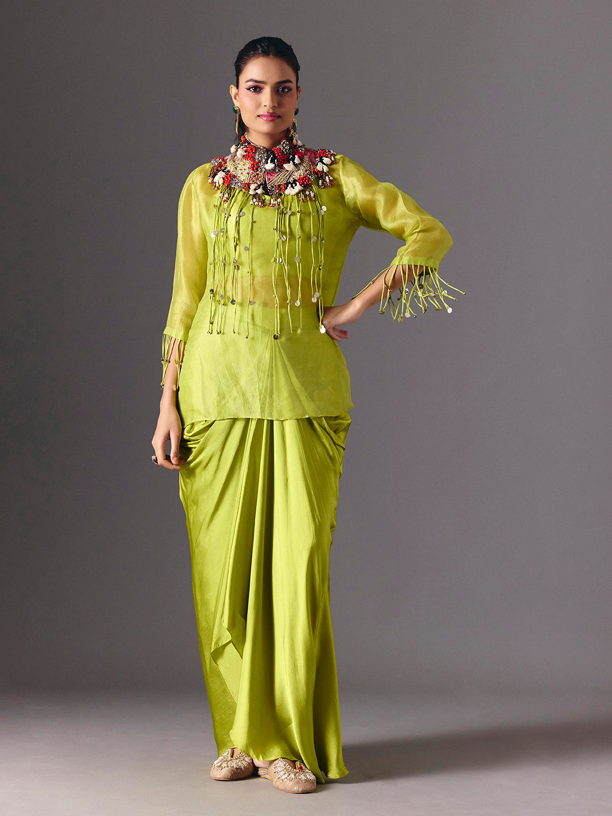 Light green tissue silk designer indo western salwar suit