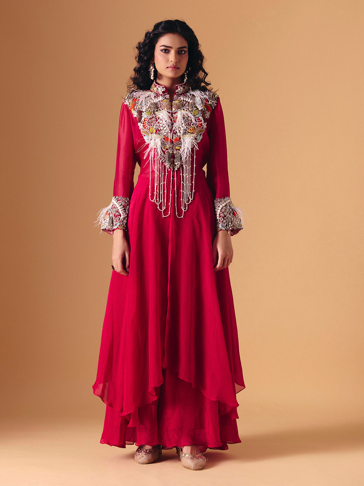 Maroon tissue silk designer indo western palazzo suit