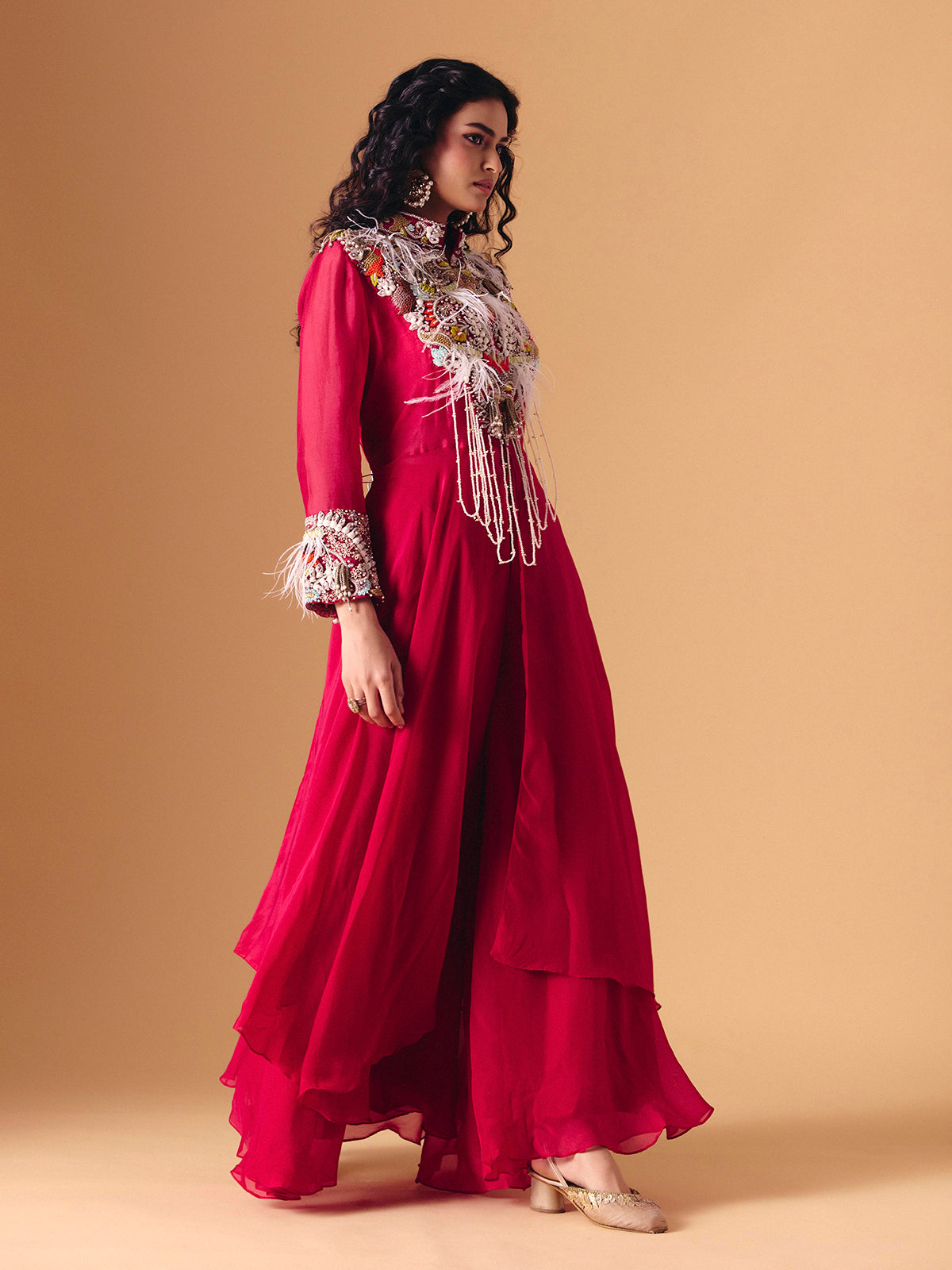 Maroon tissue silk designer indo western palazzo suit