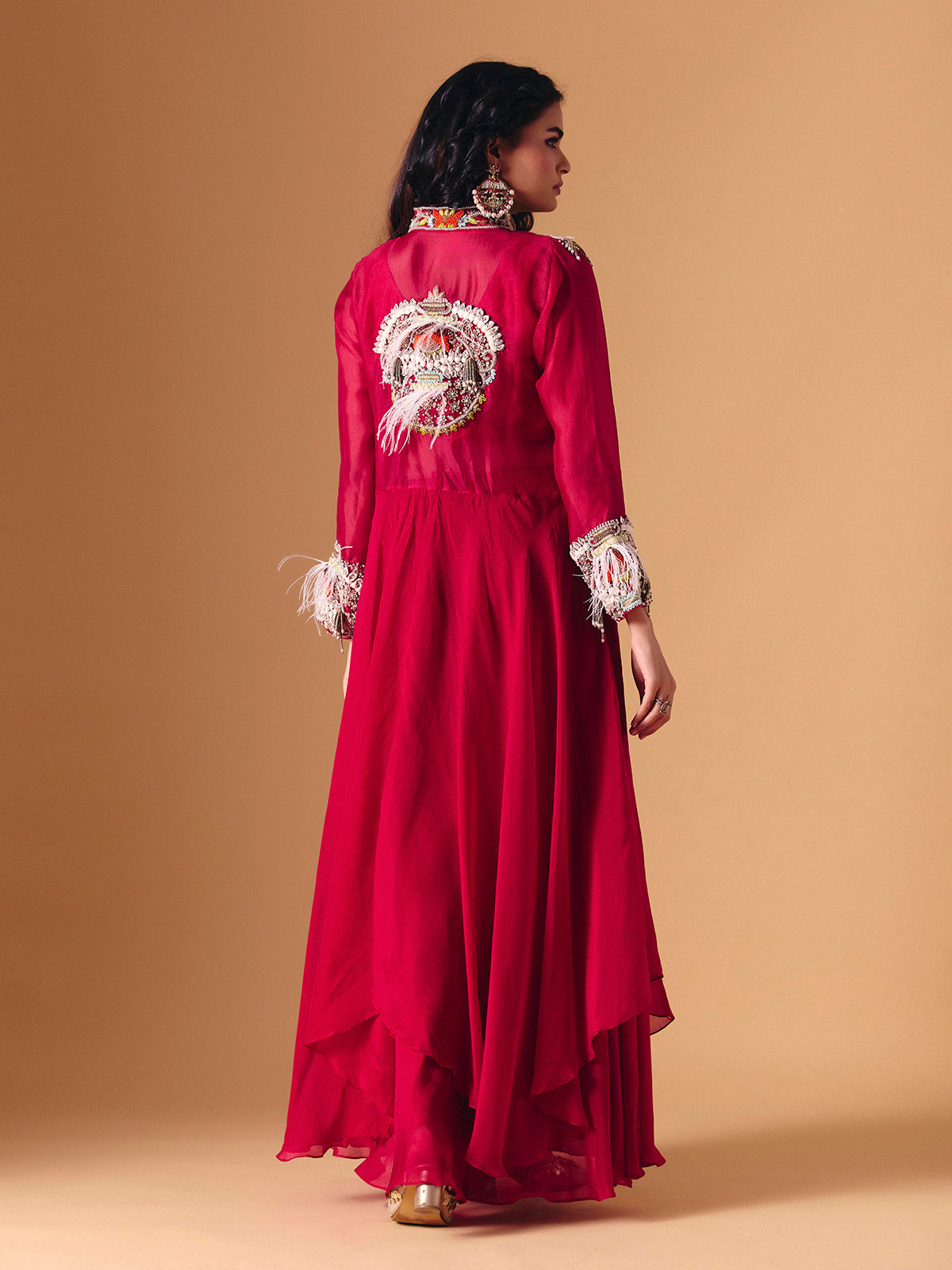 Maroon tissue silk designer indo western palazzo suit