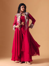 Maroon tissue silk designer indo western palazzo suit