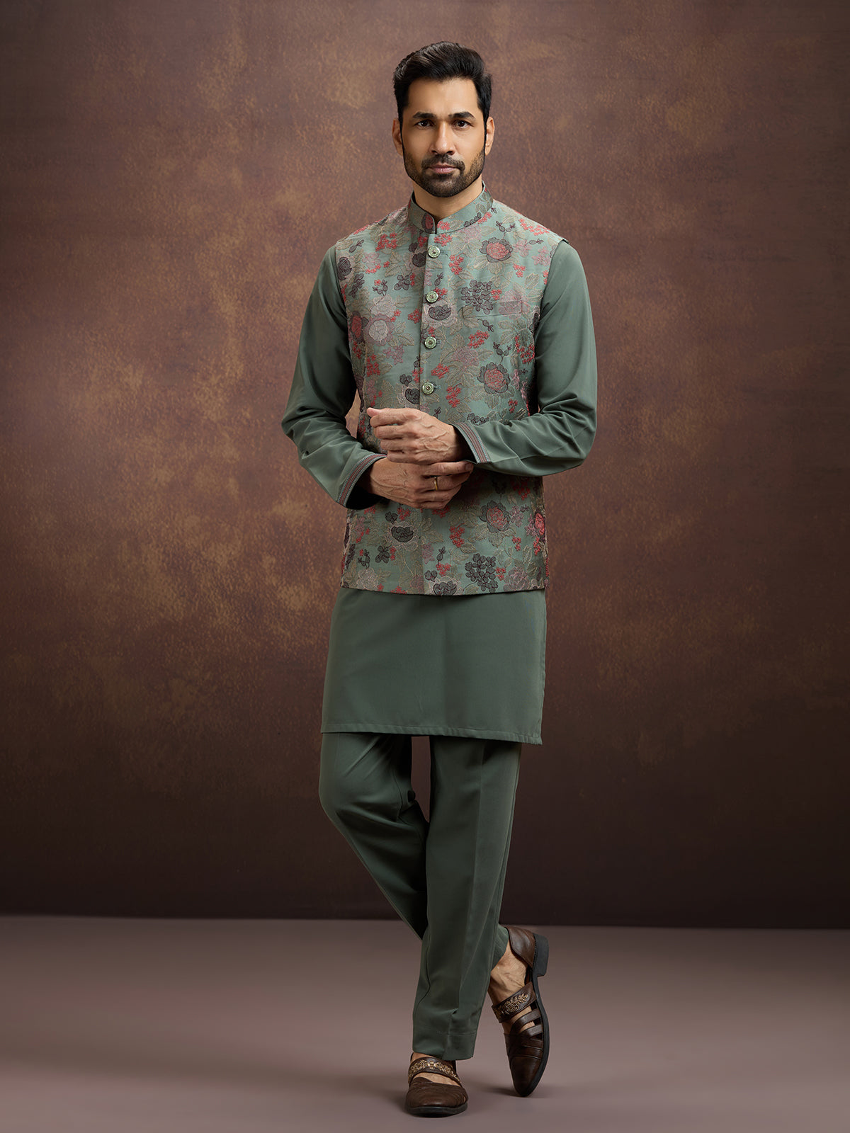 Sage green heritage silk waistcoat set
