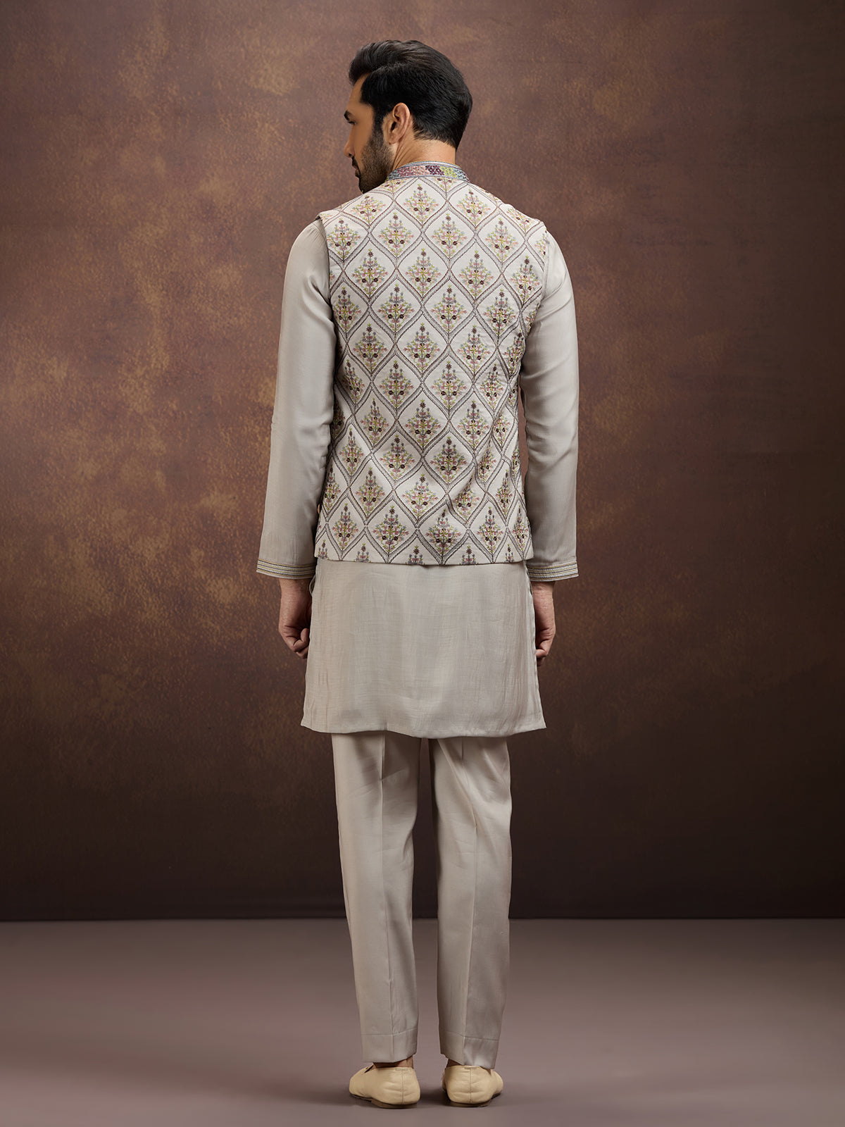 Grey designer embroidered silk waistcoat set