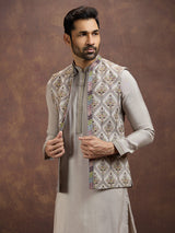 Grey designer embroidered silk waistcoat set