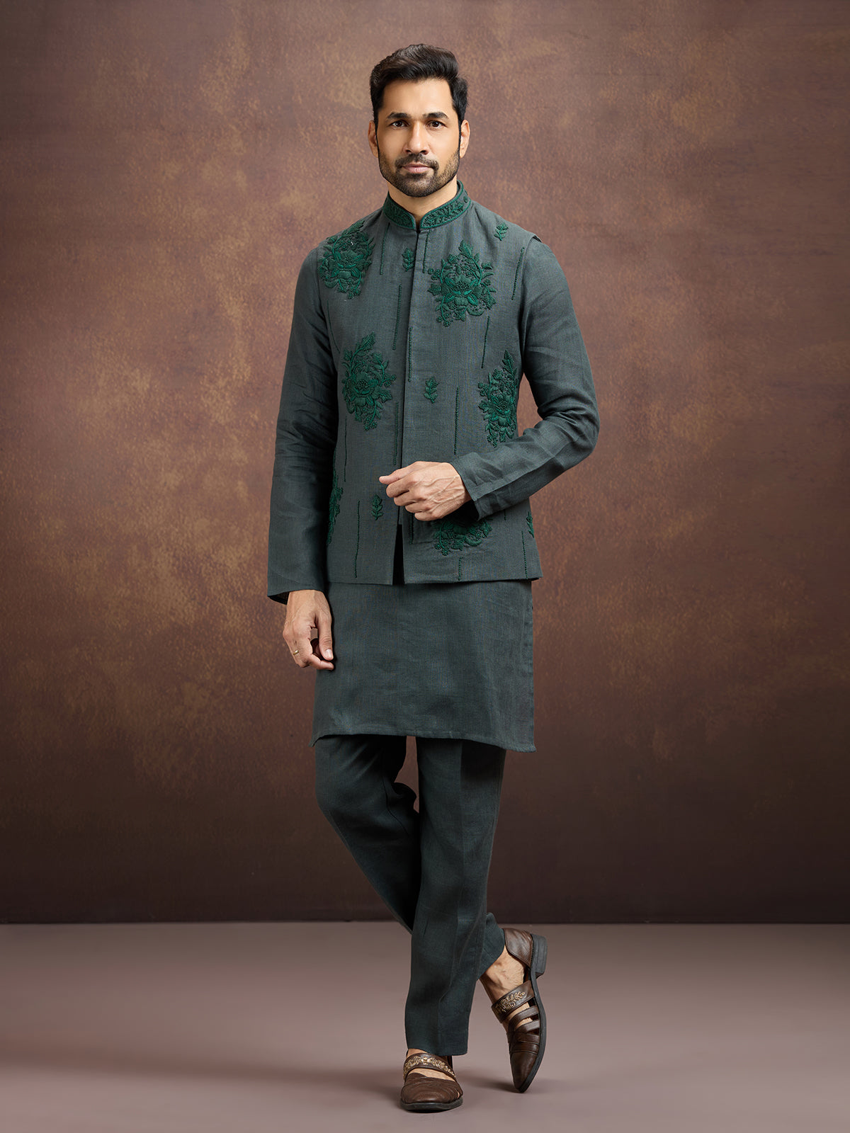 Green premium embroidered linen waistcoat set