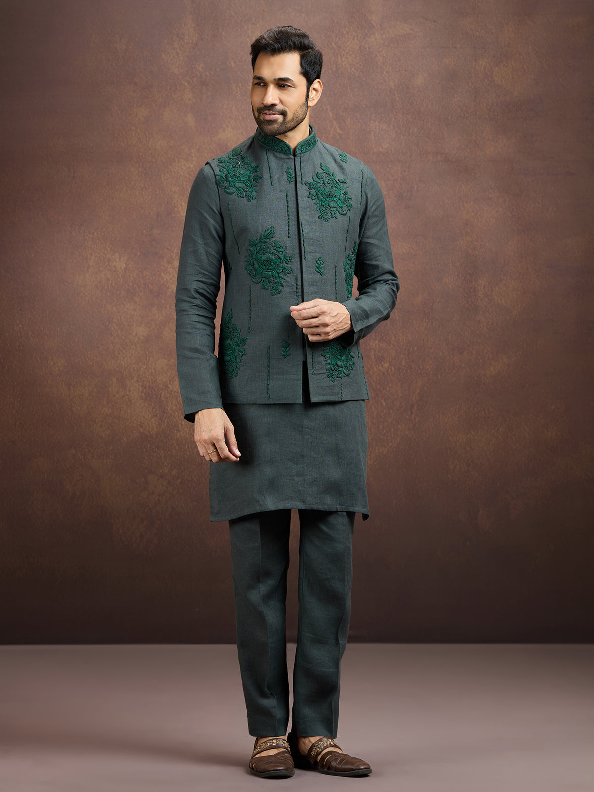 Green premium embroidered linen waistcoat set