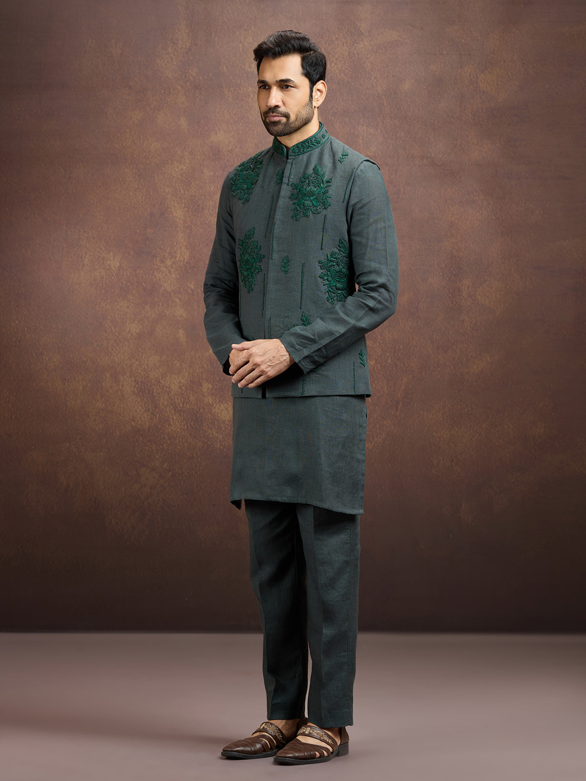 Green premium embroidered linen waistcoat set