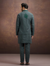 Green premium embroidered linen waistcoat set