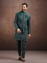 Green premium embroidered linen waistcoat set