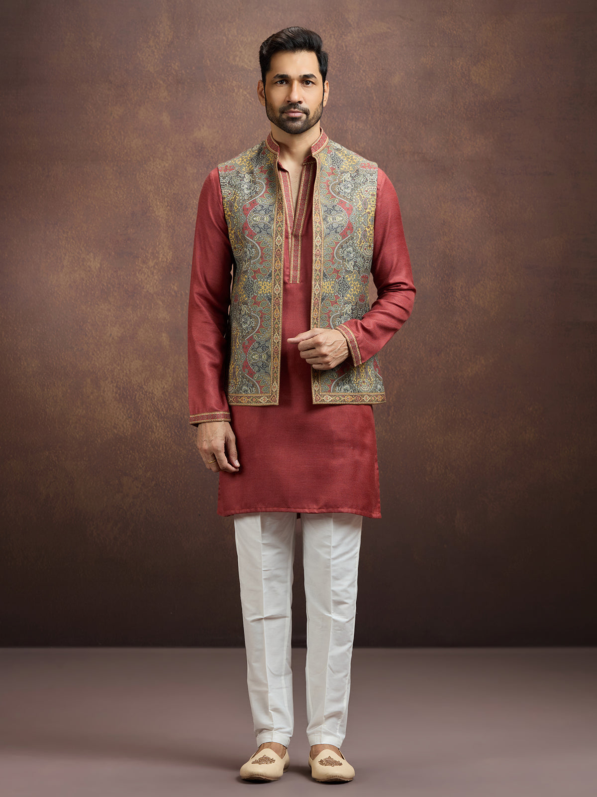 Maroon majestic pashmina silk waistcoat set