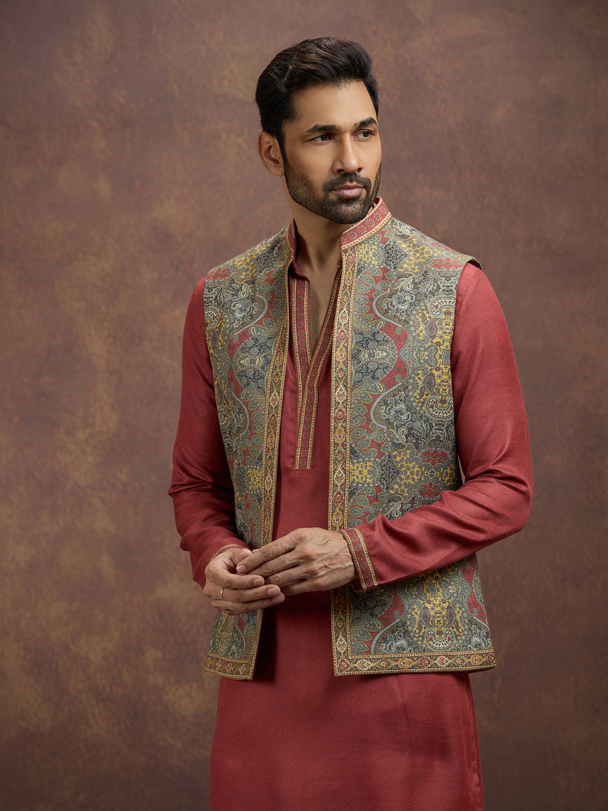 Maroon majestic pashmina silk waistcoat set