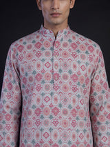 Pink floral printed cotton blend festive kurta suit for men