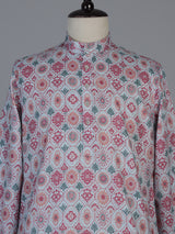 Pink floral printed cotton blend festive kurta suit for men