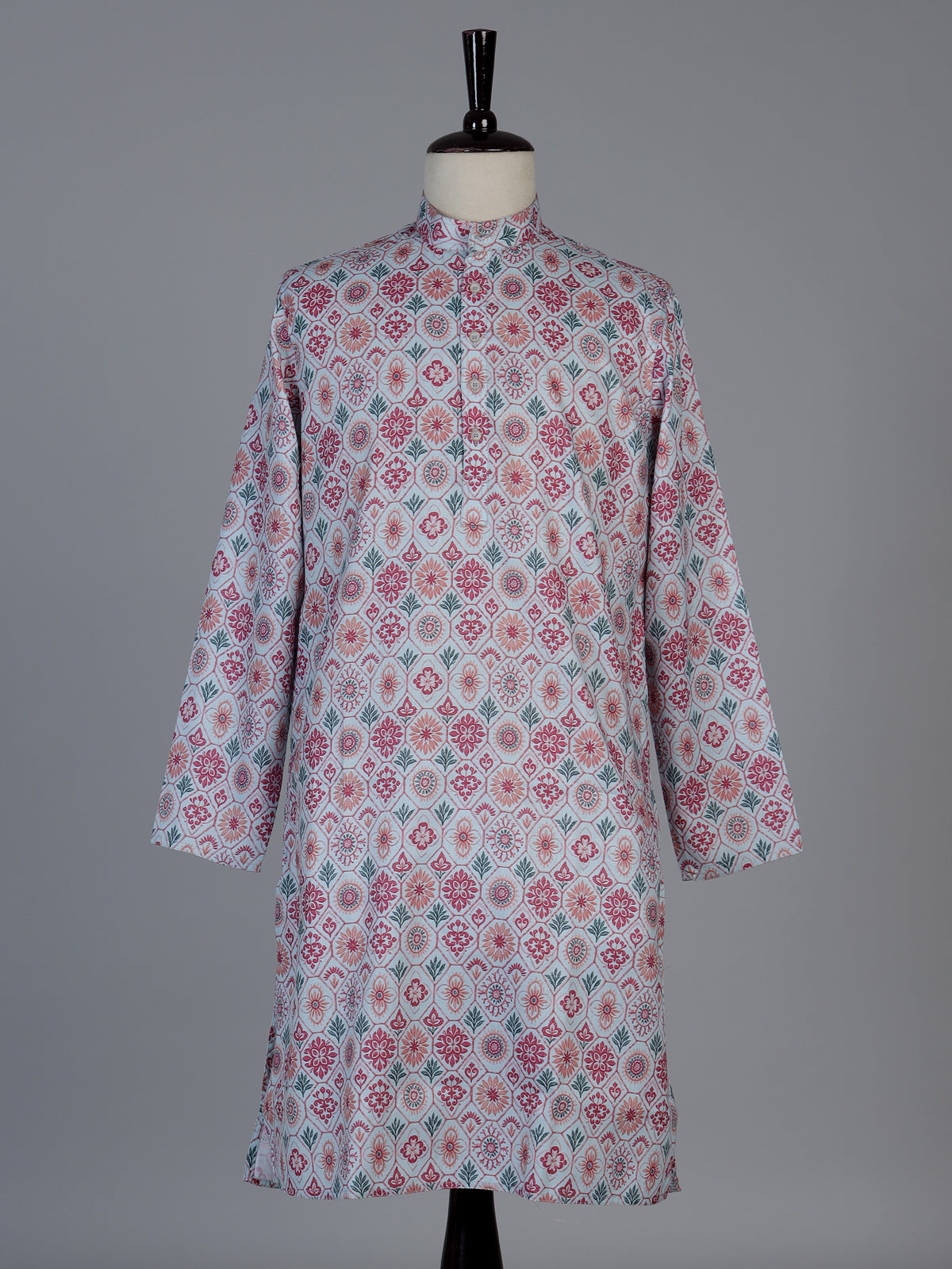 Pink floral printed cotton blend festive kurta suit for men