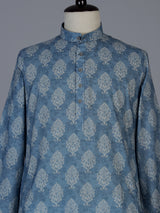 Blue printed cotton blend festive mandarin kurta suit for men