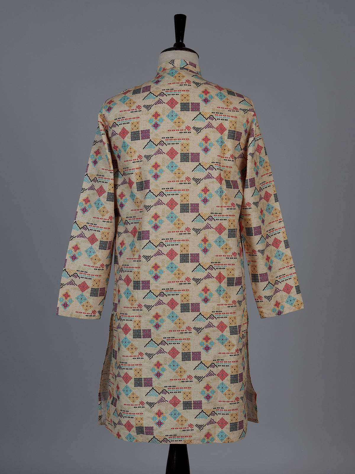 Beige printed cotton blend festive kurta suit for men with mandarin collar