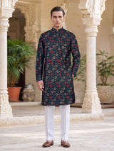 Blue cotton silk floral festive kurta suit for men with sequin accents