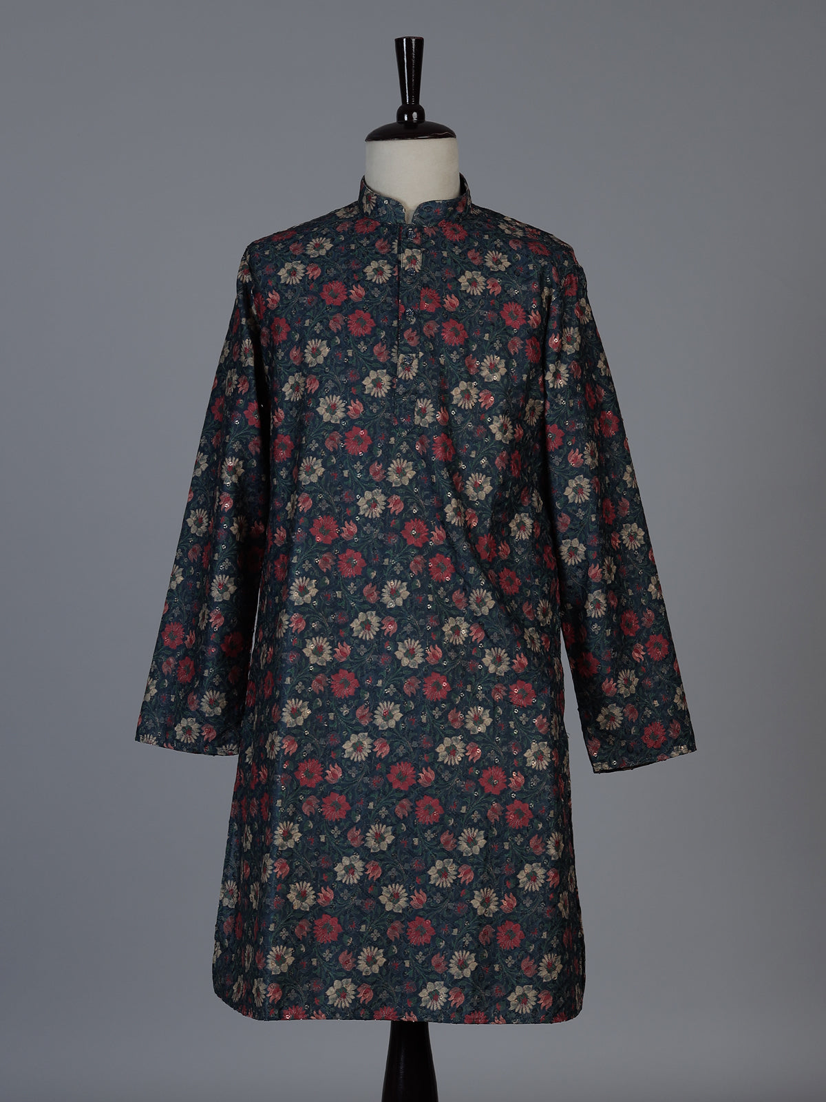 Blue cotton silk floral festive kurta suit for men with sequin accents