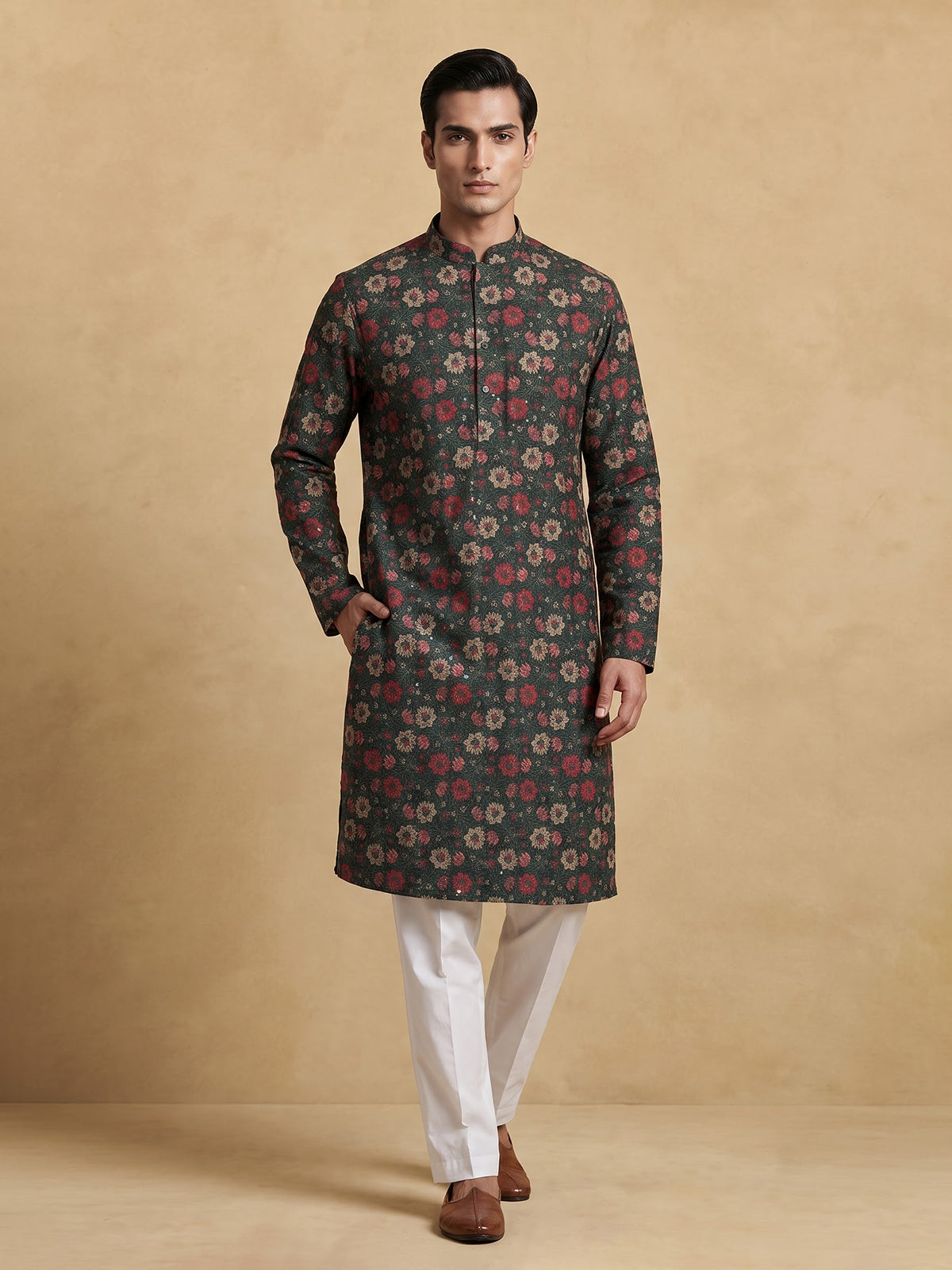 Bottle green cotton silk floral kurta suit for men with sequin detailing