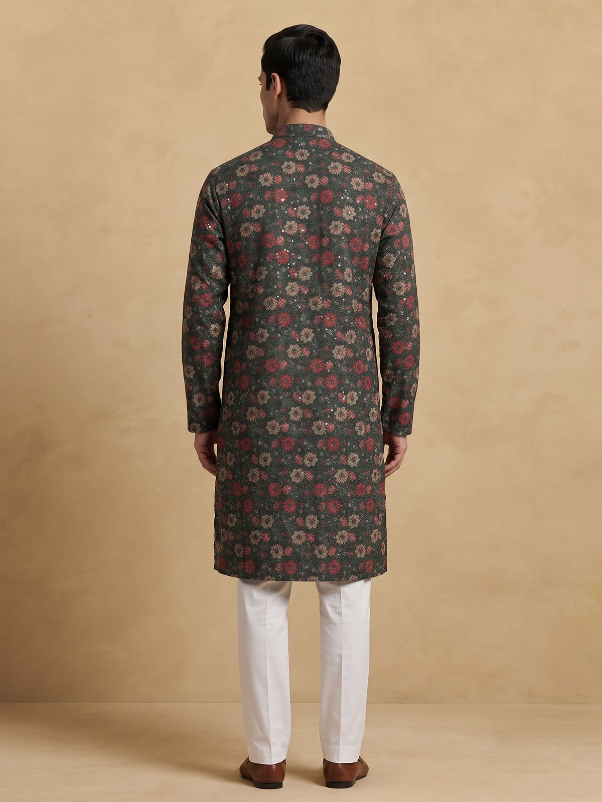 Bottle green cotton silk floral kurta suit for men with sequin detailing