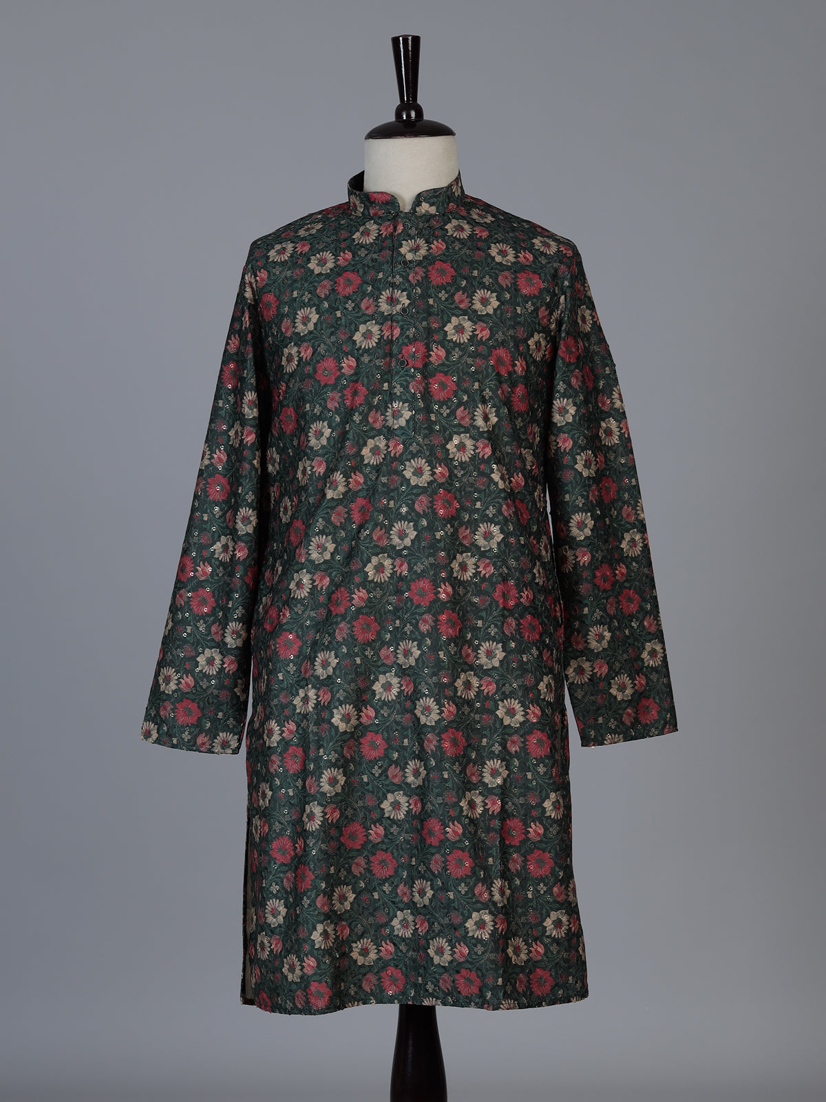 Bottle green cotton silk floral kurta suit for men with sequin detailing