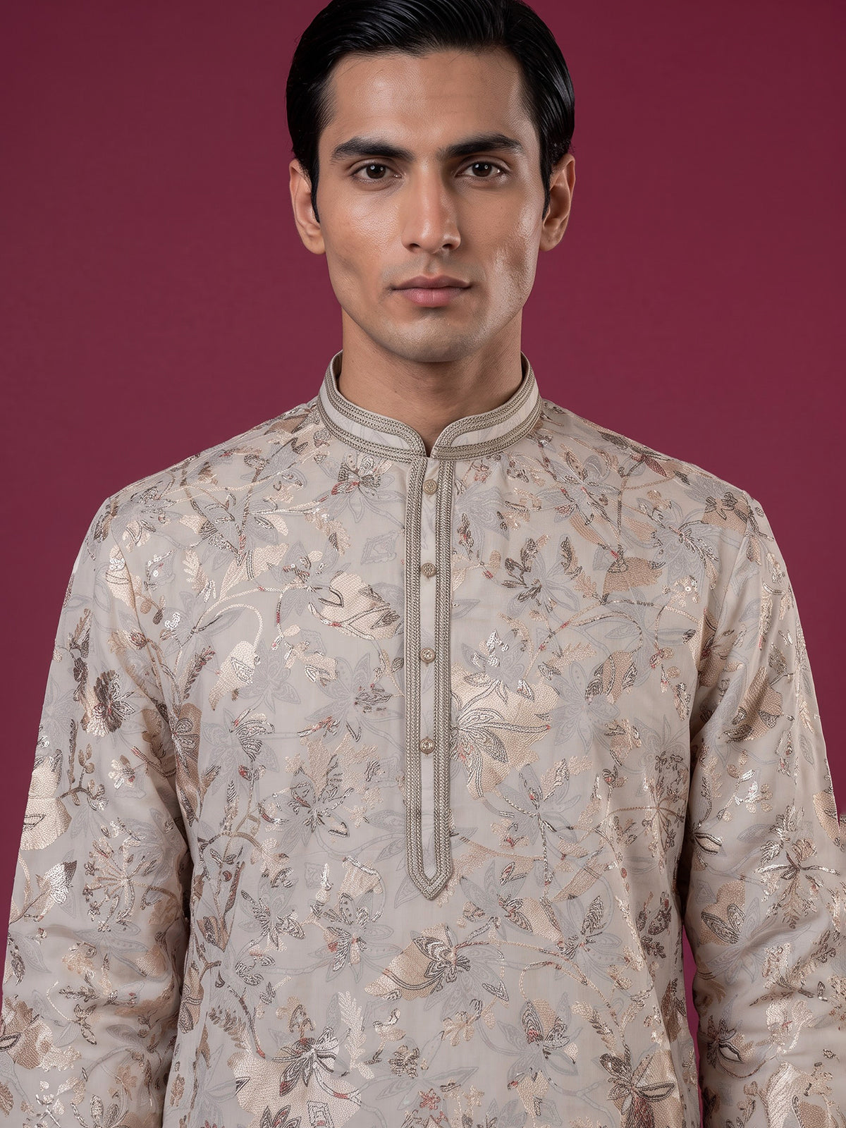 Cream floral printed cotton blend festive kurta suit for men