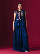 Blue raw silk indo western palazzo suit