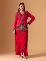 Red silk indo western wedding wear salwar suit for women
