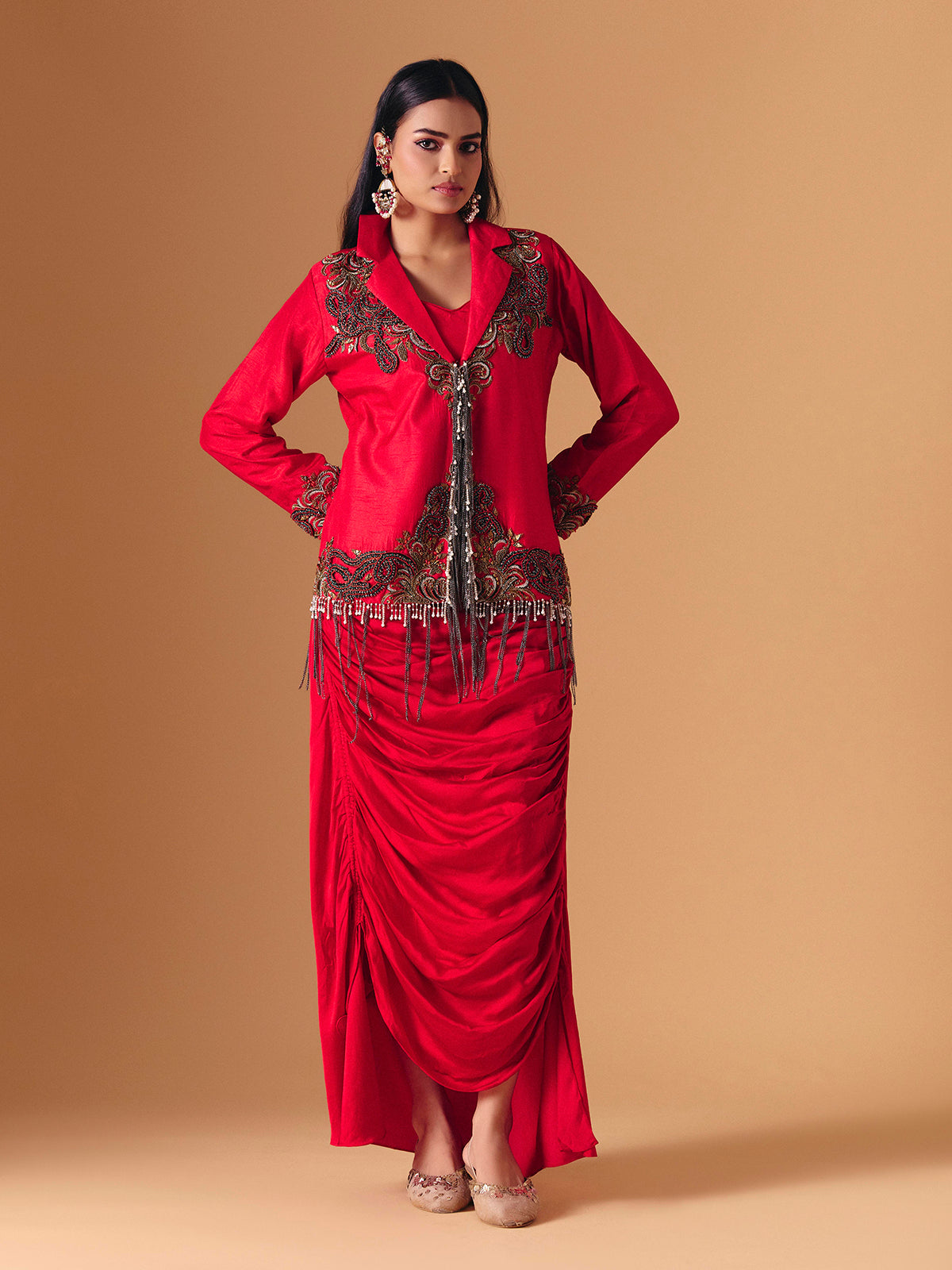 Red silk indo western wedding wear salwar suit for women