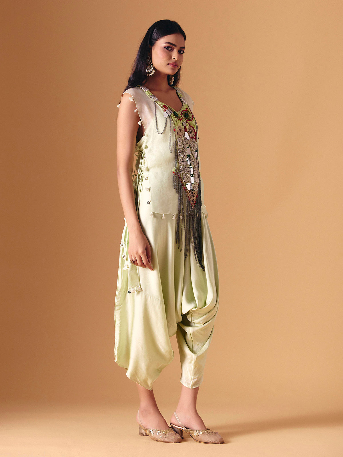 Pista green tissue silk indo western dhoti suit